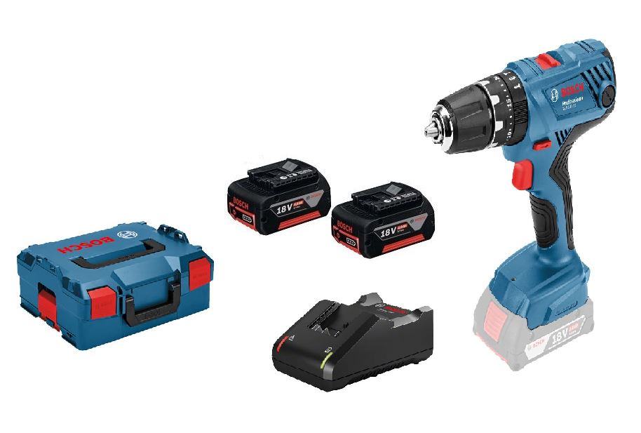 Bosch GSB 18 V 21 Combi Drill. 2x 2.0 Ah & GAL 18V 40 CV in L BOXX 060 ...