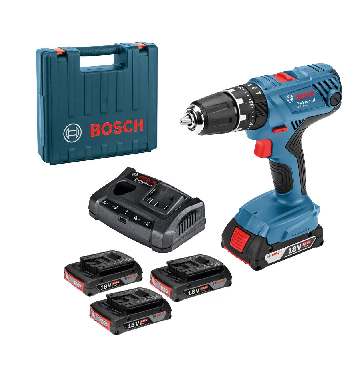 Bosch GSB 18 V 21 Cordless Combi Drill 3 x 2.0 Ah + GAX 18V 30 in Carr ...