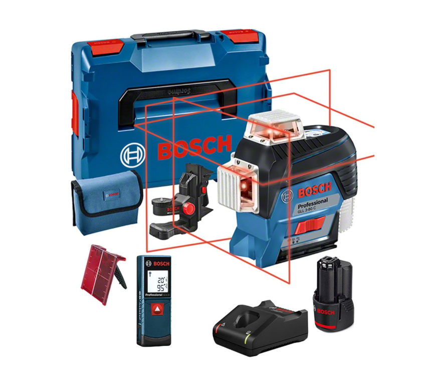Bosch Professional GLL 3-80 C 10.8v / 12v Self Levelling Multi Line Laser Level Kit & Distance Meter Inc 1x 2.0Ah Battery