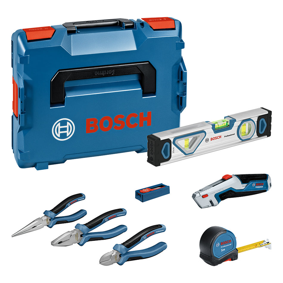 Bosch 7 Pc. Professional Plier & Mixed Hand Tool Set Pliers, Tape measure, Level, Knife, Blades, L-BOXX) 0615990N2S