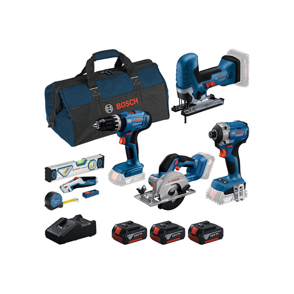 Bosch Professional 18V Kit: GSB, GDR, GST & GKS (3 × 4.0Ah, GAL 18V-40 Charger) & Hand Tools 0615A5008B