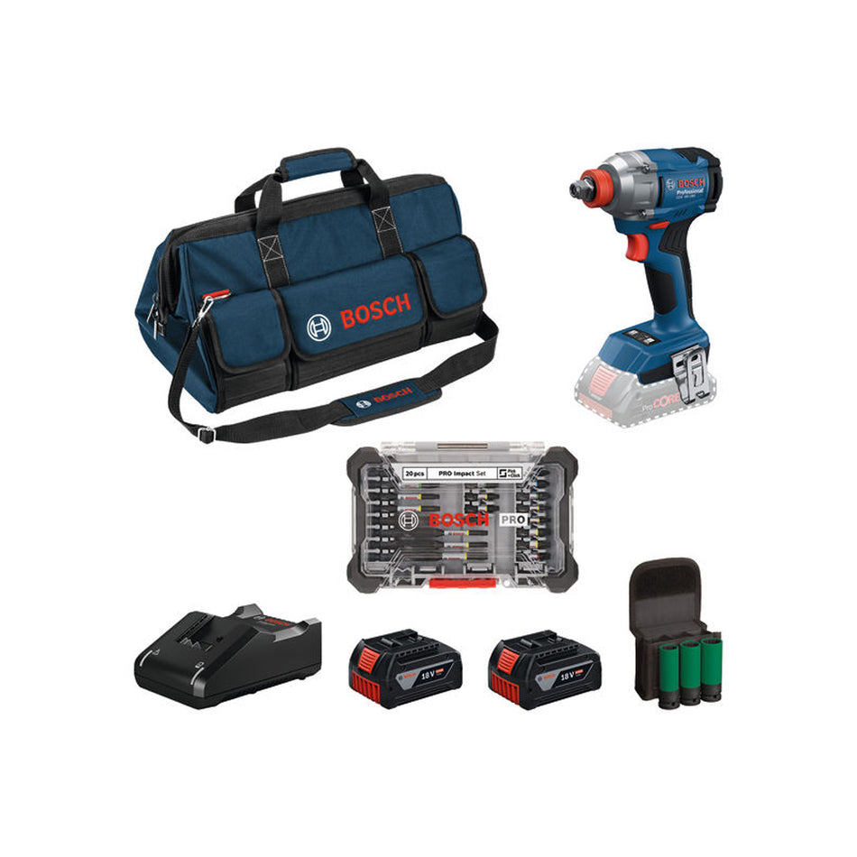 Bosch Professional 18V Kit: GDX 18V-285 (2 × 4.0Ah, GAL 18V-40 Charger) Impact Wrench + 20 PCE Screwdriving Set 0615V00060