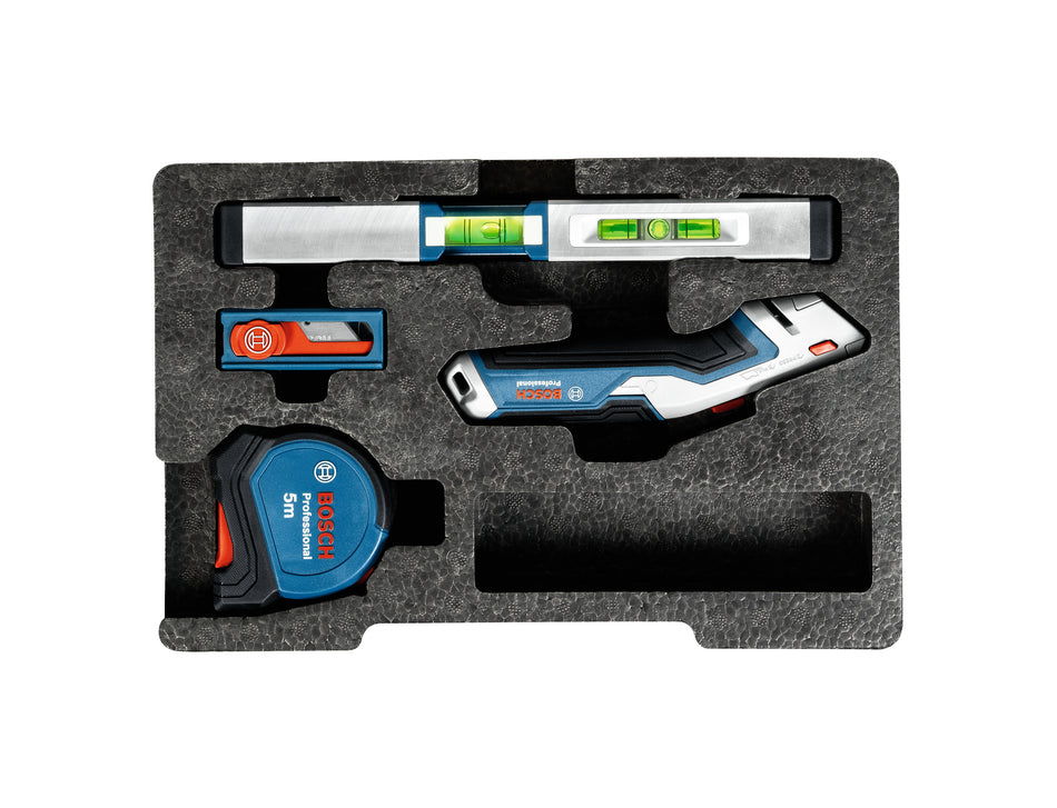 Bosch 4 Pc. Professional Hand Tool Set  Tape Measure 5m, Spirit Level 25cm, Retractable Utility Knife, 10x standard blades, EVA 1/2 inlay 1600A027M3
