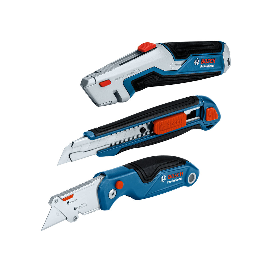 Bosch 3 Pc. Professional Knife Set Folding Knife, Snap-off Knife, Retractable Knife (6x Blades) 1600A027M4