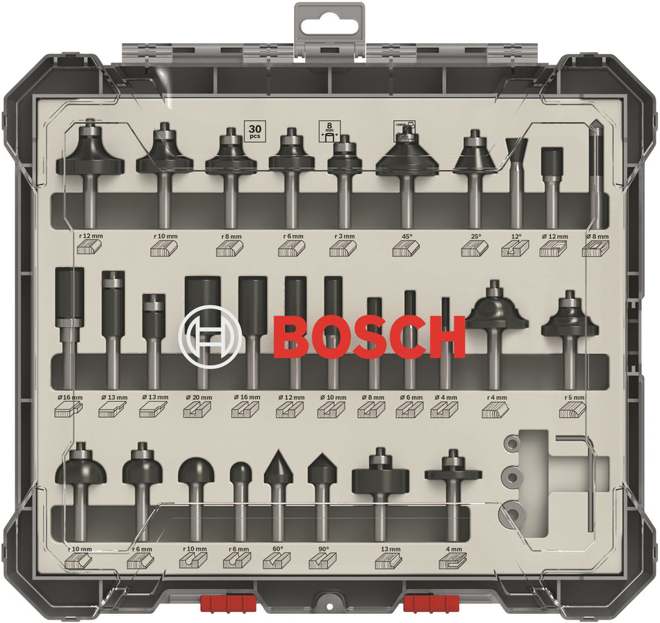 Bosch Professional Router Bit Set 30 pcs Mixed 1/4 shank 30-piece Mixed Application Router Bit Set. 2607017476