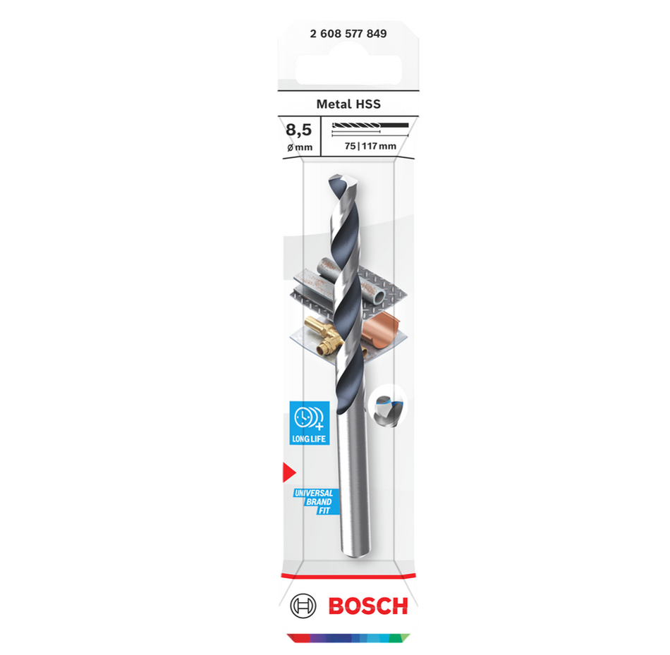 Bosch Metal HSS Twist Drill Bit, 8.5 x 75 x 117 mm, CYL Shank 2608577849