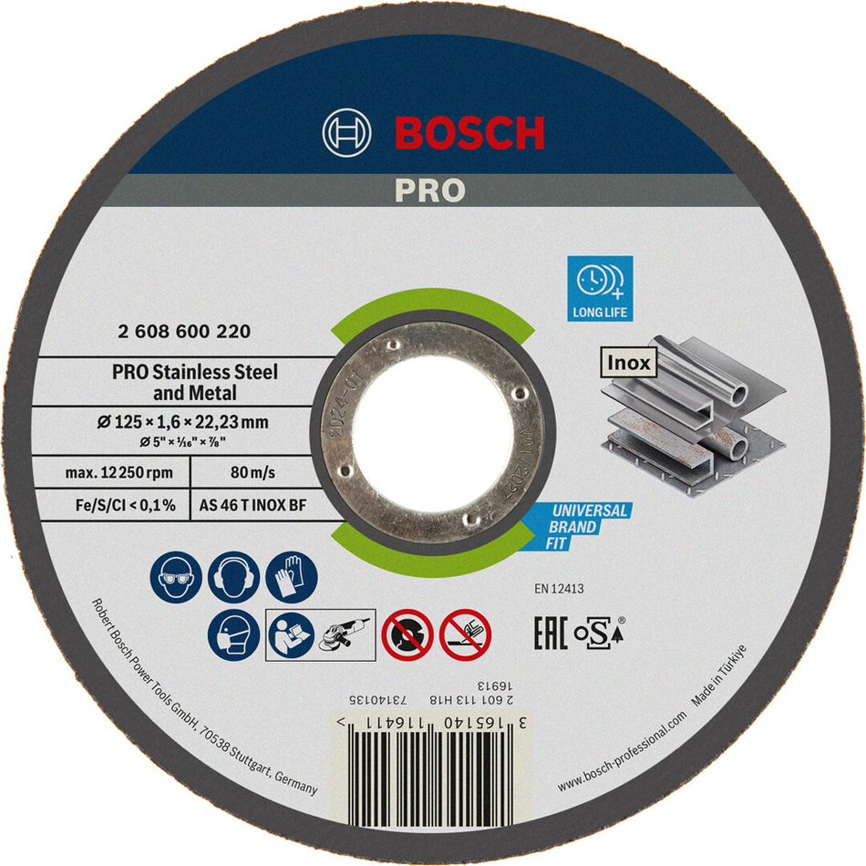 Bosch Professional Stainless Steel and Metal Bonded Cutting Disc 125 x 1.6 x 22.23mm Straight 2608600220