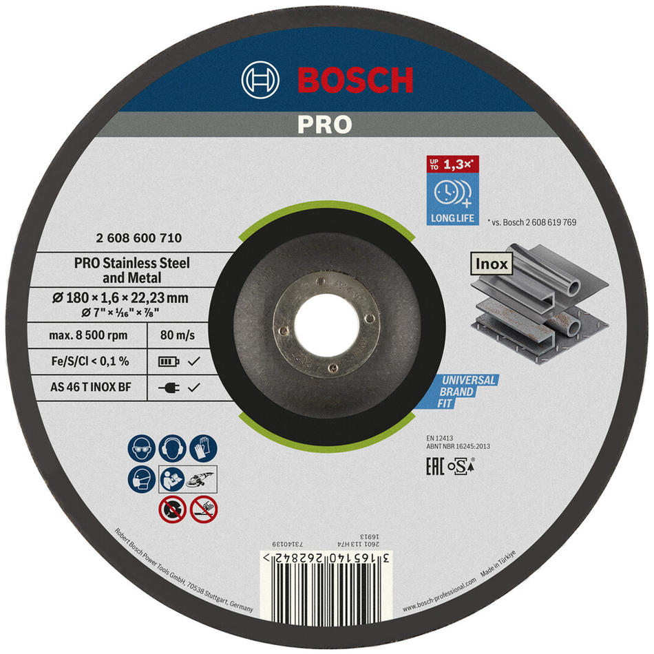 Bosch Professional Stainless Steel and Metal Bonded Cutting Disc 180 x 1.6 x 22.23mm 2608600710
