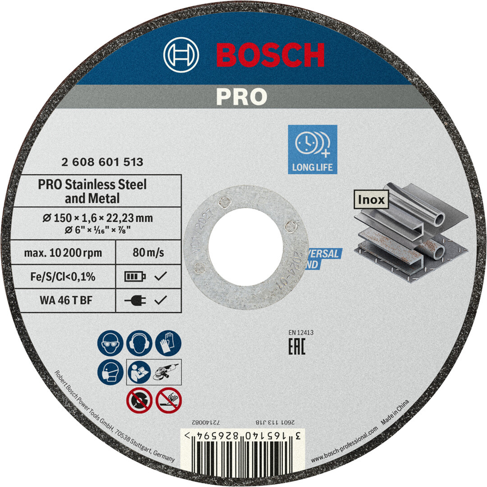 Bosch Professional Stainless Steel and Metal Bonded Cutting Disc 150 x 1.6 x 22.23mm Straight 2608601513
