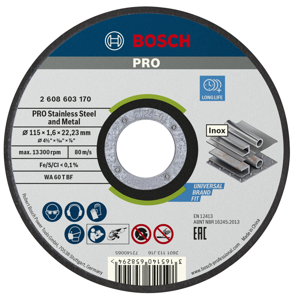 Bosch Professional Stainless Steel and Metal Bonded Cutting Disc 115 x 1.6 x 22.23mm Straight 2608603170