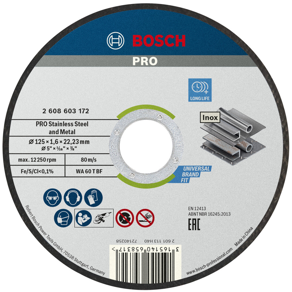 Bosch Professional Stainless Steel and Metal Bonded Cutting Disc 125 x 1.6 x 22.23mm Straight 2608603172