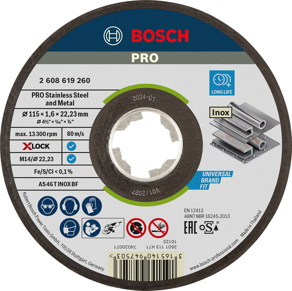 Bosch Professional Stainless Steel and Metal Bonded Cutting Disc 115 x 1.6 x 22.23mm X-Lock Straight 2608619260