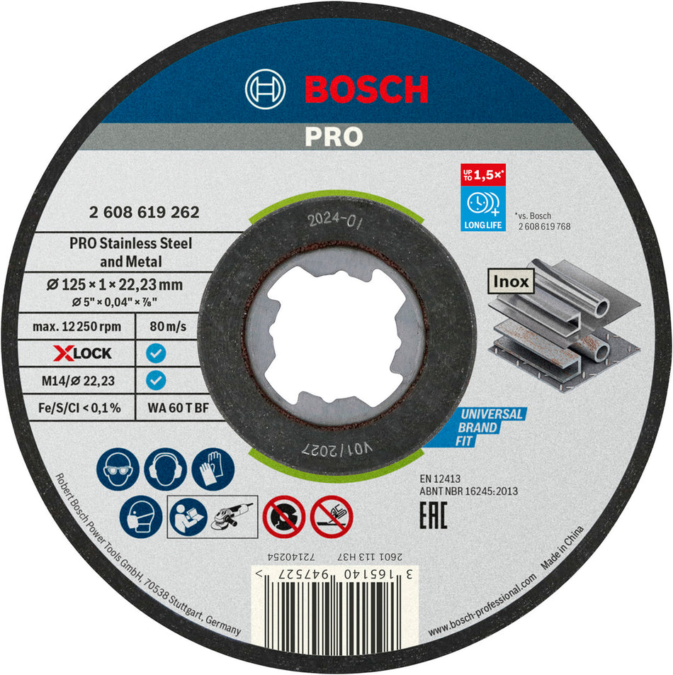 Bosch Professional Stainless Steel and Metal Bonded Cutting Disc 125 x 1 x 22.23mm X-Lock Straight 2608619262