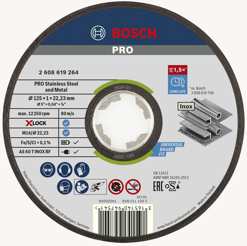 Bosch Professional Stainless Steel and Metal Bonded Cutting Disc 125 x 1 x 22.23mm X-Lock Straight 2608619264