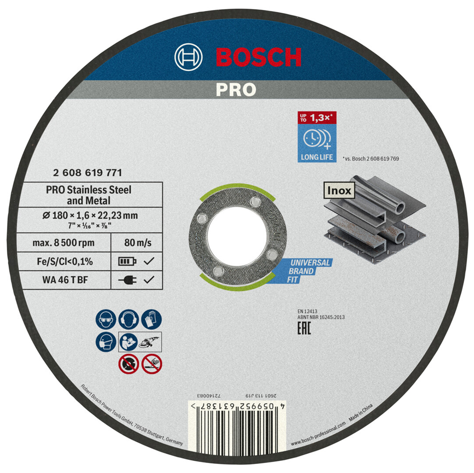 Bosch Professional Stainless Steel and Metal Bonded Cutting Disc 180 x 1.6 x 22.23mm Straight 2608619771
