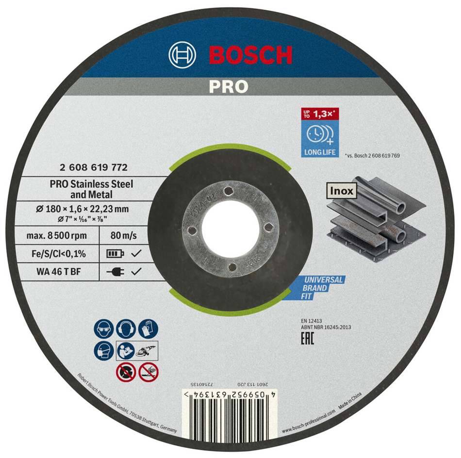 Bosch Professional Stainless Steel and Metal Bonded Cutting Disc 180 x 1.6 x 22.23mm 2608619772