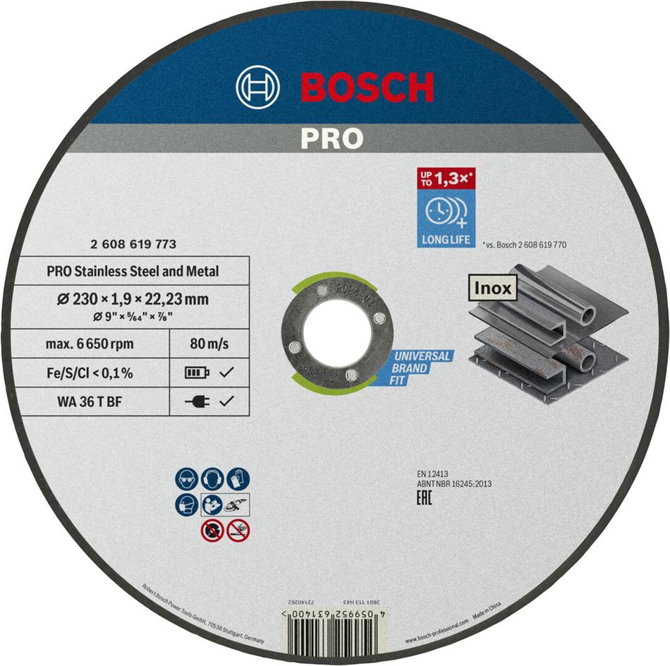 Bosch Professional Stainless Steel and Metal Bonded Cutting Disc 230 x 1.9 x 22.23mm Straight 2608619773