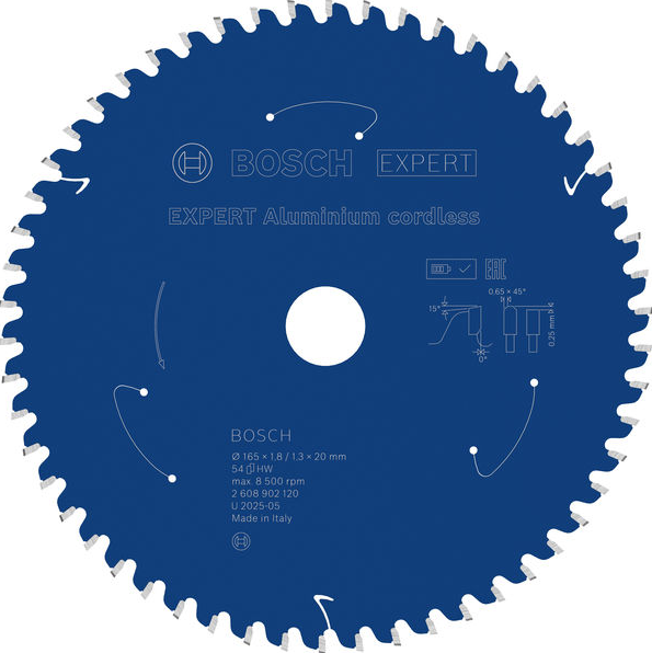 Bosch EXPERT Aluminium cordless Circular Saw Blade, 165 x 1.8/1.3 x 20 mm, T54 2608902120