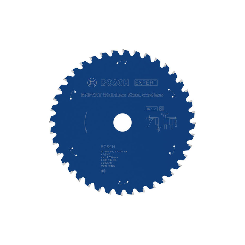 Bosch EXPERT Stainless Steel 160 x 1.6/1.3 x 20MM T40 Circular Saw Blade 2608902135