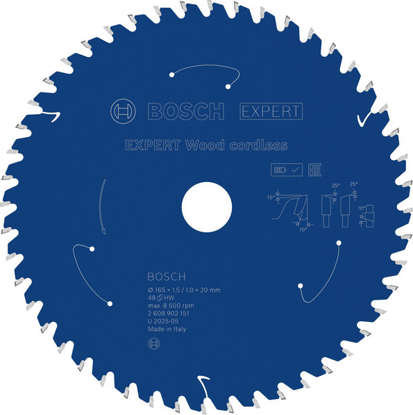 Bosch EXPERT Wood cordless Circular Saw Blade, 165 x 1.5/1 x 20 mm, T48 2608902151