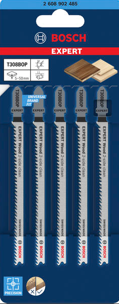 Bosch EXPERT Wood 2-side clean T308BOP Jigsaw Blade, 5 pcs 2608902485